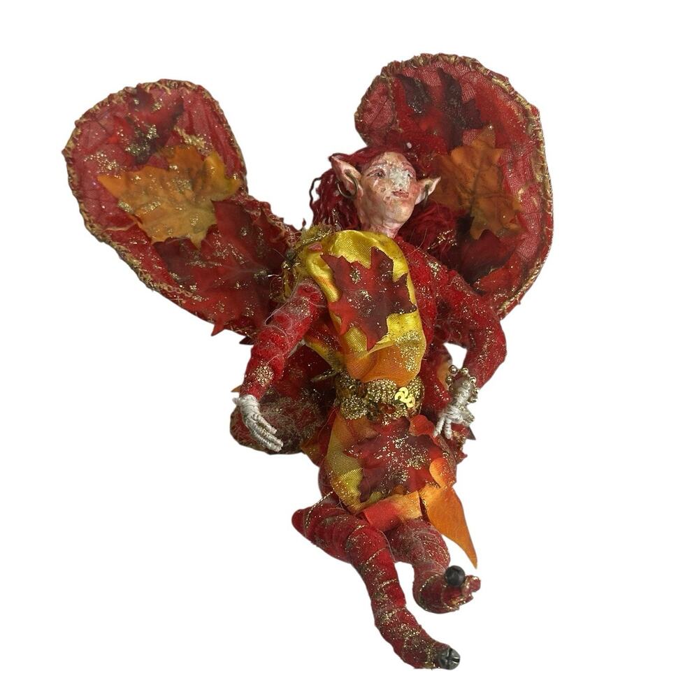 Handmade Fairy Art Doll Red Gold Leaves Wings Whimsical Pixie Fantasy Damaged